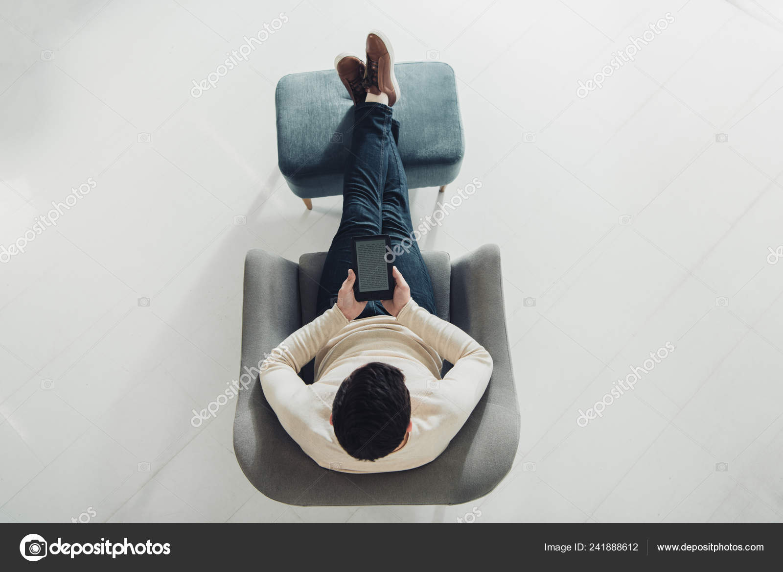 Top View Man Reading Book While Sitting Armchair Home Stock Photo by ...