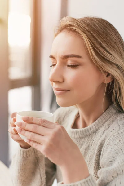 Cheerful Woman Holding Cup Smelling Tea Closed Eyes — Stock Photo, Image
