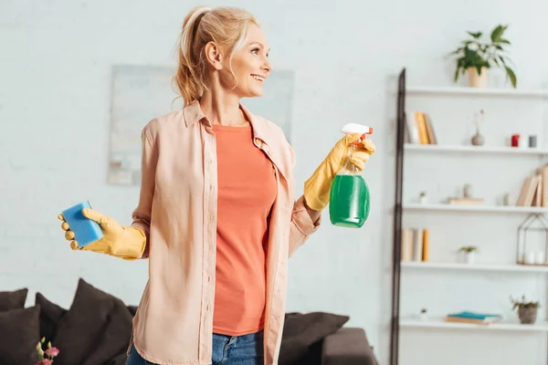 Senior Woman Yellow Rubber Gloves Holding Cleaning Spray Sponge — Stock Photo, Image