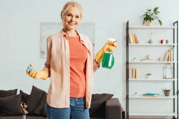 Happy Senior Woman Posing Cleaning Spray Sponge — Stock Photo, Image