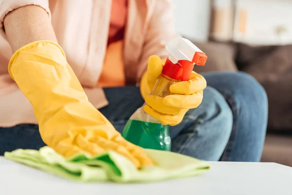 Partial View Woman Rubber Gloves Cleaning Table Rag — Stock Photo, Image