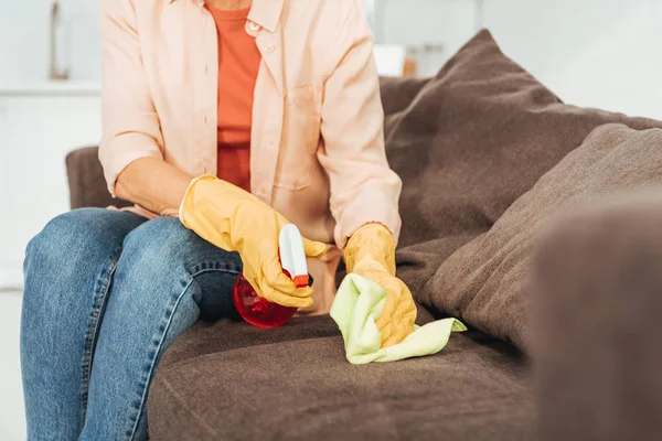 Partial View Woman Rubber Gloves Cleaning Brown Sofa Spray Rag — Stock Photo, Image