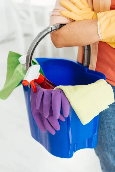 Cropped View Woman Holding Blue Bucket Cleaning Supplies — Stock Photo, Image