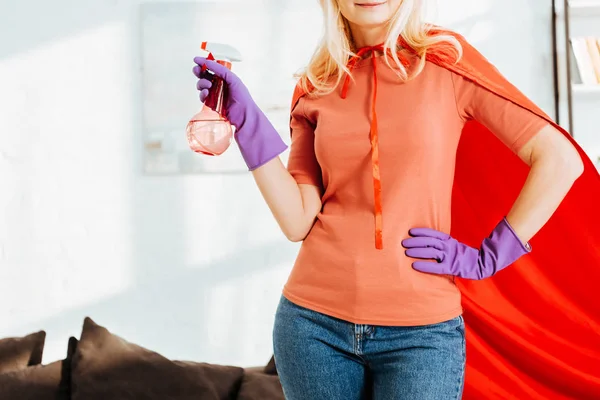 Partial Shot Woman Superhero Cloak Rubber Gloves Holding Spray Bottle — Stock Photo, Image
