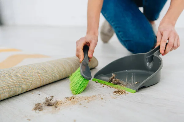 Partial View Woman Jeans Cleaning Floor Brush Scoop — Stock Photo, Image
