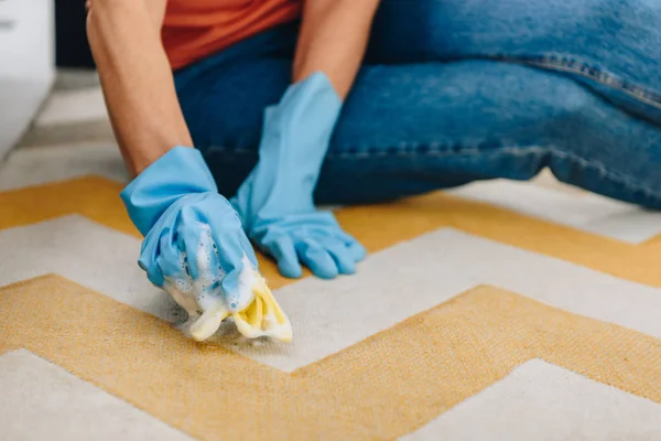 Cropped View Woman Blue Rubber Gloves Cleaning Carpet — Stock Photo, Image