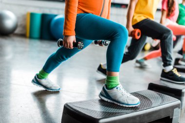 Adım platformları üzerinde duran ve dumbell tutan çocuklar görünümünü kırpılmış
