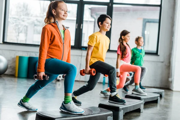 Preteen Kids Training Dumbbells Step Platforms — Stock Photo, Image