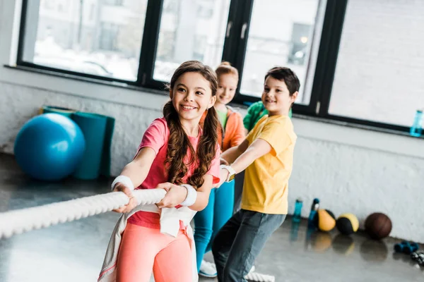 Smiling Kids Sportswear Pulling Rope Gym — Stock Photo, Image