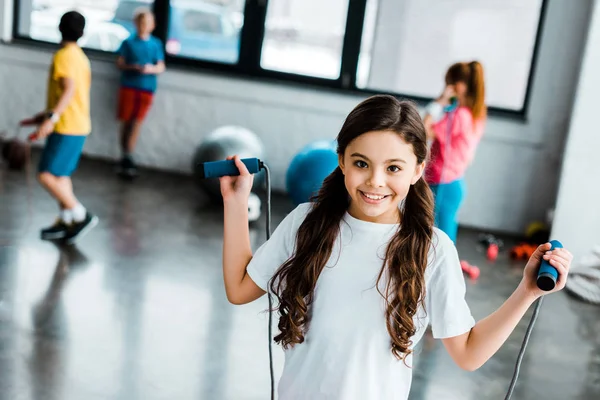 Excited Brunette Kid Posing Skipping Rope — Stock Photo, Image