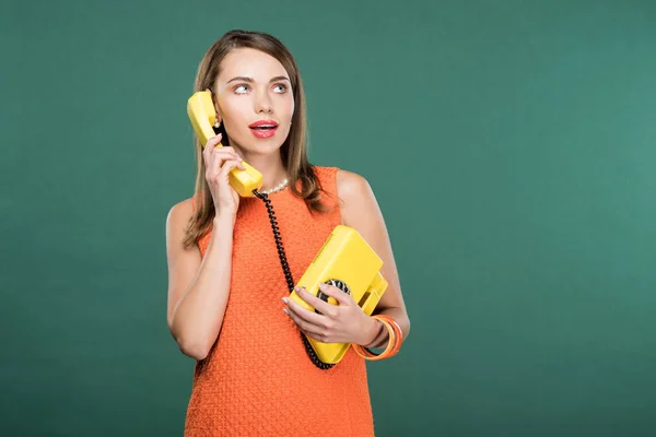 Beautiful Stylish Woman Talking Retro Telephone Isolated Green Copy Space — Stock Photo, Image