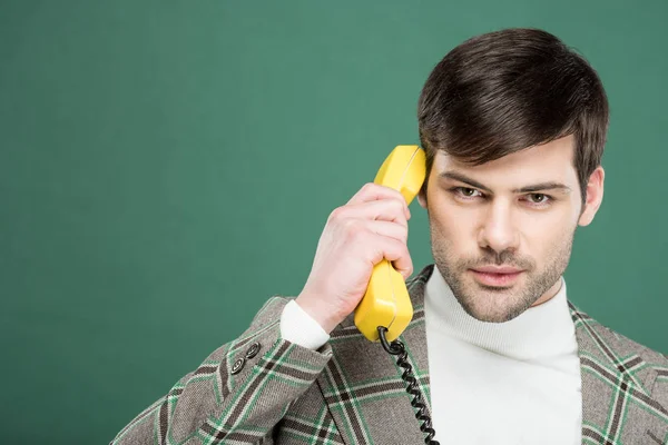 Handsome Man Vintage Clothes Talking Retro Telephone Looking Camera Isolated — Stock Photo, Image
