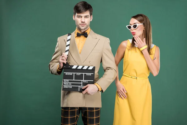 Handsome Man Vintage Clothes Holding Film Clapperboard While Woman Covering — Stock Photo, Image