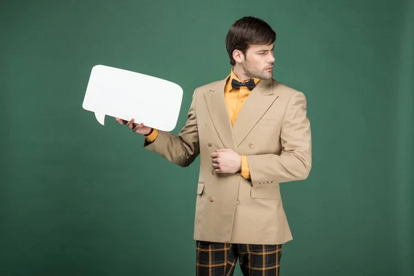 Handsome Man Vintage Clothes Holding Speech Bubble Looking Away Isolated — Stock Photo, Image