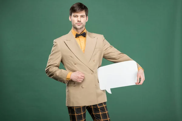 Handsome Man Vintage Clothes Holding Speech Bubble Looking Camera Isolated — Stock Photo, Image