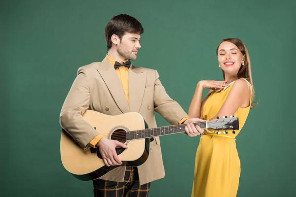 Handsome Man Vintage Clothes Playing Acoustic Guitar Beautiful Smiling Woman — Stock Photo, Image