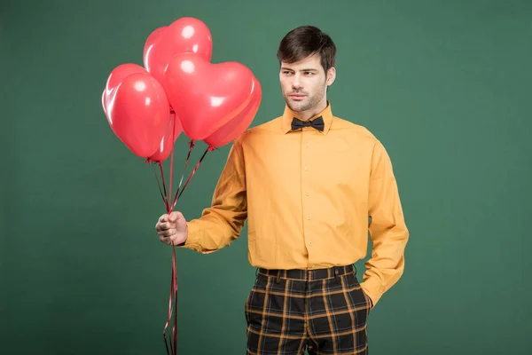 Handsome Man Vintage Clothes Heart Shaped Balloons Isolated Green — Stock Photo, Image