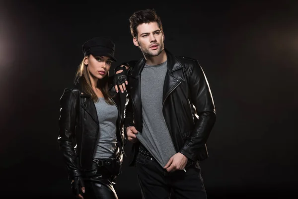 Beautiful Stylish Couple Leather Jackets Posing Black Background — Stock Photo, Image