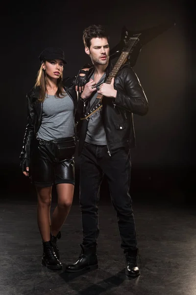 Beautiful Fashionable Couple Leather Jackets Posing Electric Guitar Black Background — Stock Photo, Image