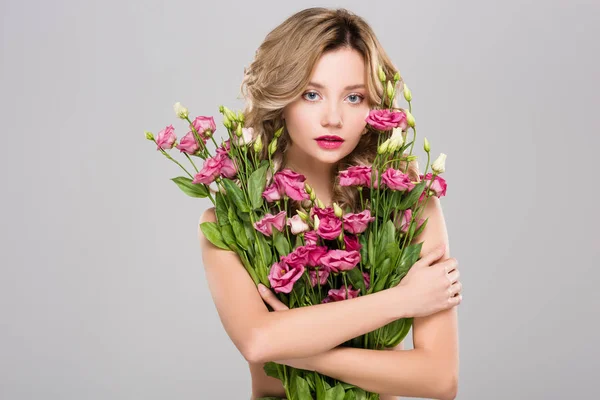 Belle Printemps Jeune Femme Tenant Bouquet Isolé Sur Gris — Photo