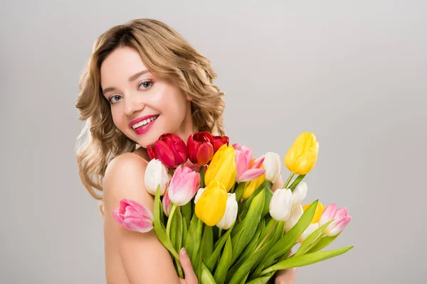 Joven Feliz Primavera Desnuda Mujer Sosteniendo Ramo Tulipanes Colores Aislados —  Fotos de Stock