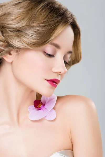 Young Tender Woman Purple Orchid Shoulder Isolated Grey — Stock Photo, Image