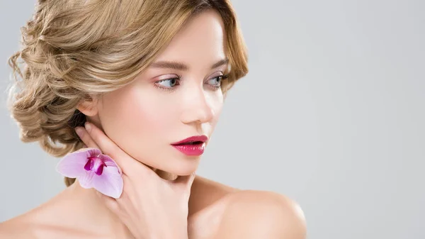 Young Tender Naked Woman Touching Neck Purple Orchid Hand Isolated — Stock Photo, Image