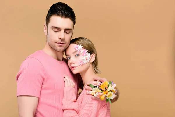 Handsome Man Closed Eyes Embracing Attractive Girlfriend Flowers Face Isolated — Stock Photo, Image