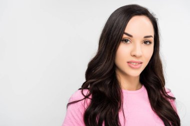 güzel kız gri izole kamera bakıyor