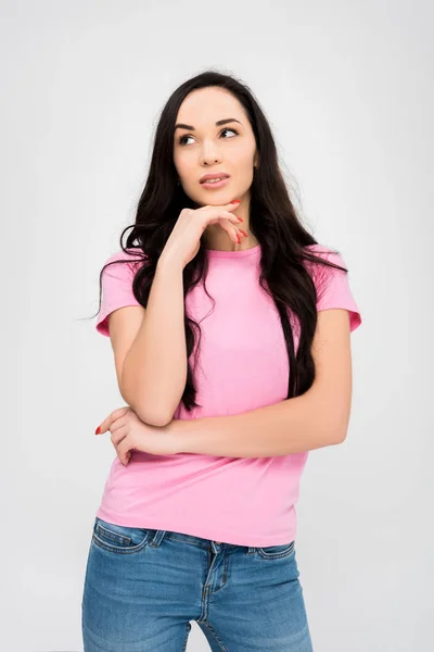 Fundersam Tjej Står Och Tänkande Isolerad Grå — Stockfoto