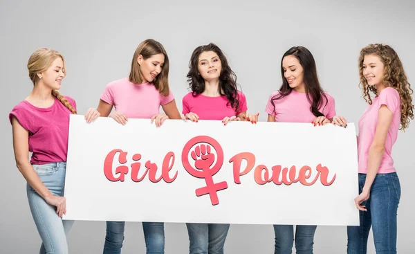 Atractivas Mujeres Jóvenes Sosteniendo Gran Cartel Con Letras Poder Chica — Foto de Stock