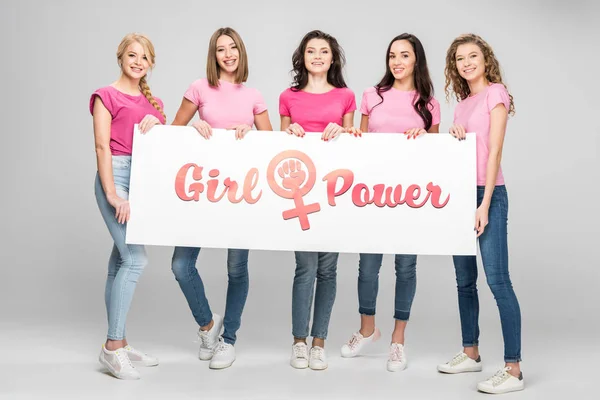 Beautiful Young Women Holding Large Sign Girl Power Lettering Grey — Stock Photo, Image