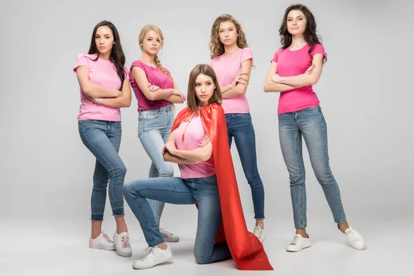 Confident Girl Wearing Red Superhero Cape Sitting Attractive Women Crossed — Stock Photo, Image