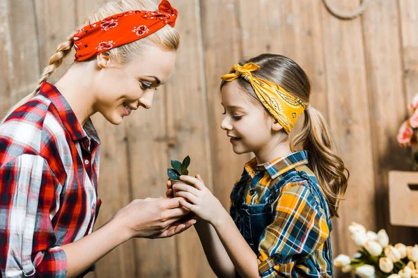 Feliz Madre Hija Sosteniendo Una Pequeña Planta Con Hojas Verdes — Foto de Stock