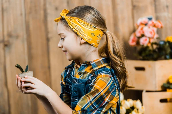 Nettes Kind Hält Kleines Pflänzchen Mit Grünen Blättern Zaun — Stockfoto