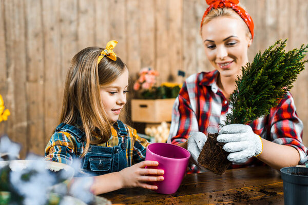 beautiful mother transplanting green plant in pot near cute daughter