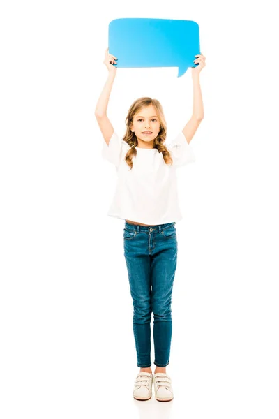 Schattig Kind Wit Shirt Spijkerbroek Bedrijf Blauwe Tekstballon Verhoogde Handen — Stockfoto