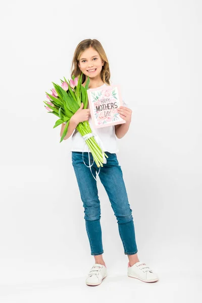 Adorable Niño Sosteniendo Ramo Tulipanes Rosados Feliz Día Las Madres — Foto de Stock