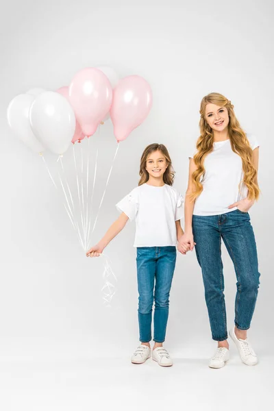 Cheerful Child Festive Air Balloons Holding Hands Smiling Mother White — Stock Photo, Image