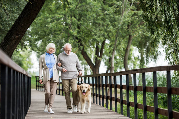 senior couple walking across wooden bridge with dog on leash