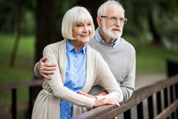 Selective Focus Senior Husband Hugging Smiling Wife While Standing Together — Stock Photo, Image