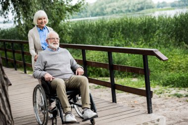 happy senior man in wheelchair with smiling wife on wooden bridge in park clipart