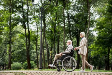 senior woman carrying husband in wheelchair while walking in park clipart