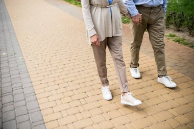 cropped view of senior couple walking across paved sidewalk in park clipart