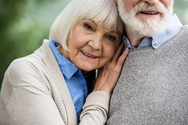 Happy Smiling Senior Woman Leaning Husband Shoulder — Stock Photo, Image