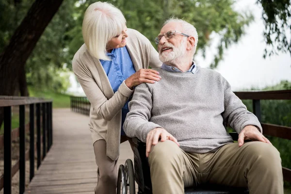 Nice Senior Woman Husband Wheelchair Park — Stock Photo, Image