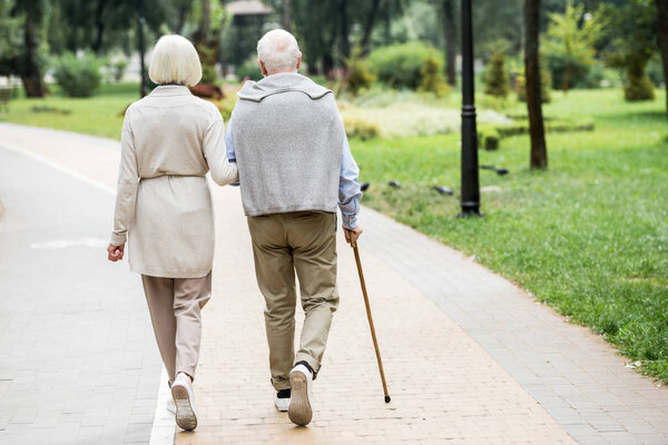 back view of senior couple walking in park