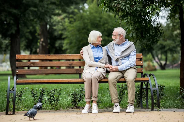 Üst Düzey Çift Konuşmak Park Ahşap Bankta Otururken Gülümseyen — Stok fotoğraf