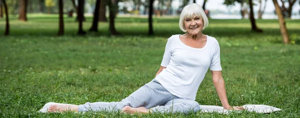 Lachende Senior Vrouw Ontspannen Yoga Mat Groen Gazon — Stockfoto