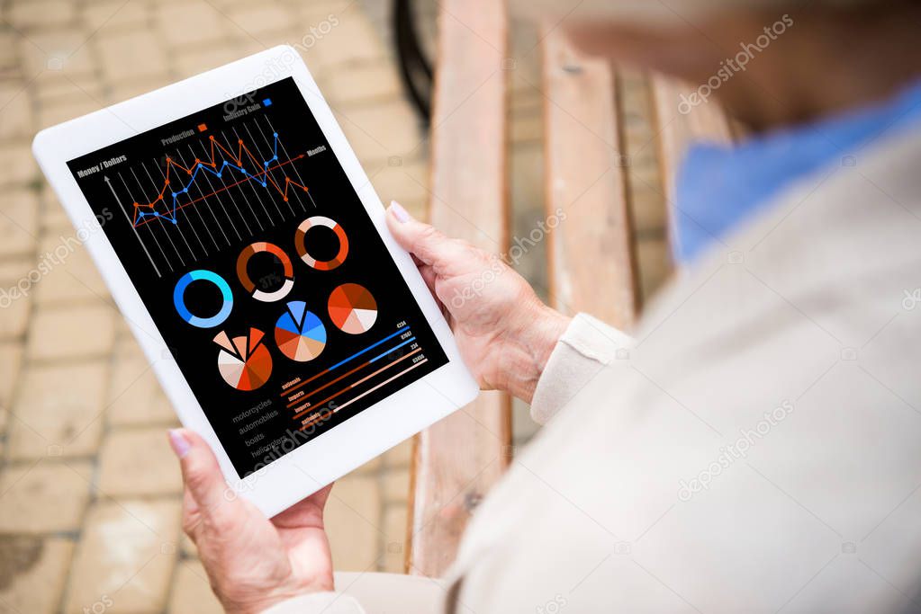 selective focus of senior woman using digital tablet with financial graphs and charts on screen 